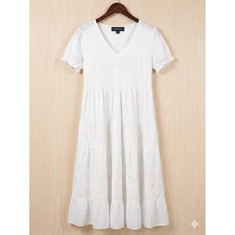 Mikarose Milanese Dress Women Large White Eyelet Cotton Tiered Midi V-Neck Puff